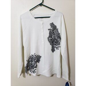Relaxed by Charter Club, white with black floral print, ribbed shirt,  size L